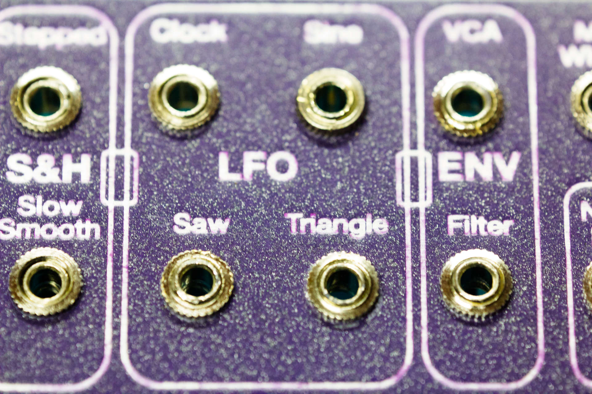 Mega MiniBrute patch panel close up LFO and sample and hold waveforms out